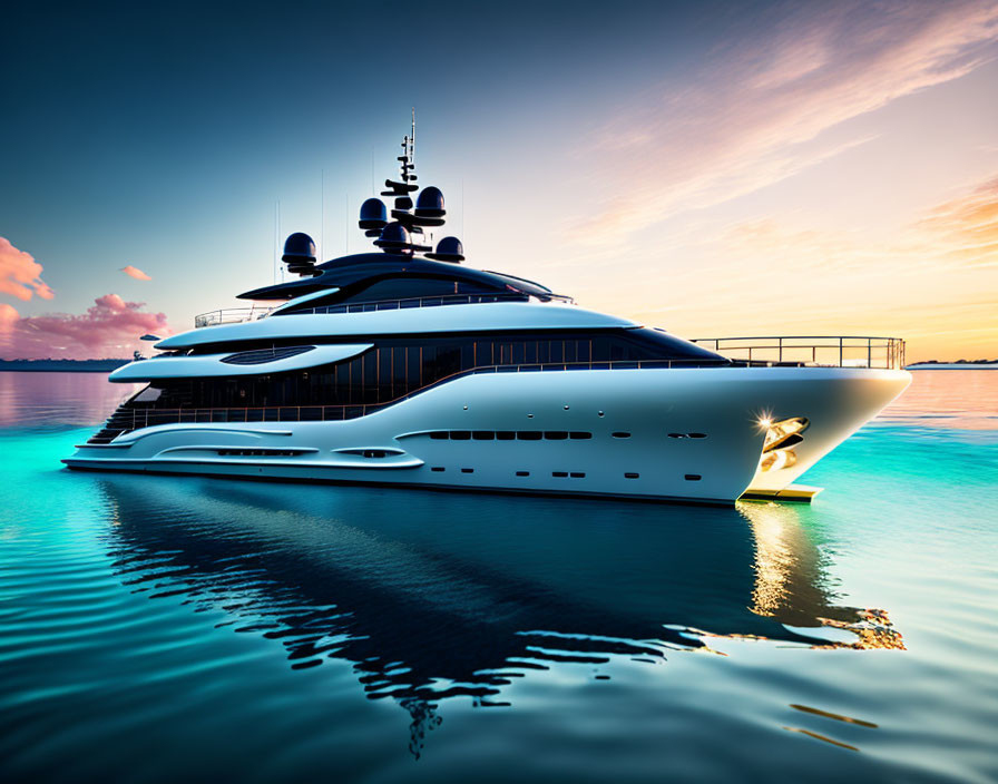 Luxurious yacht silhouette at sunset on calm waters