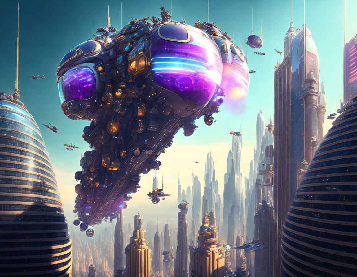 Advanced cityscape with towering skyscrapers and futuristic flying vehicles.