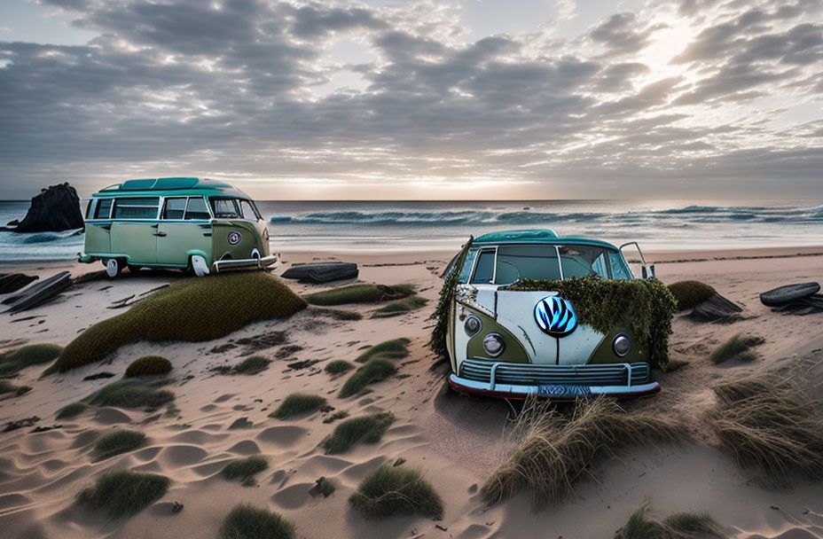 Vintage Volkswagen Vans on Sandy Beach at Sunset