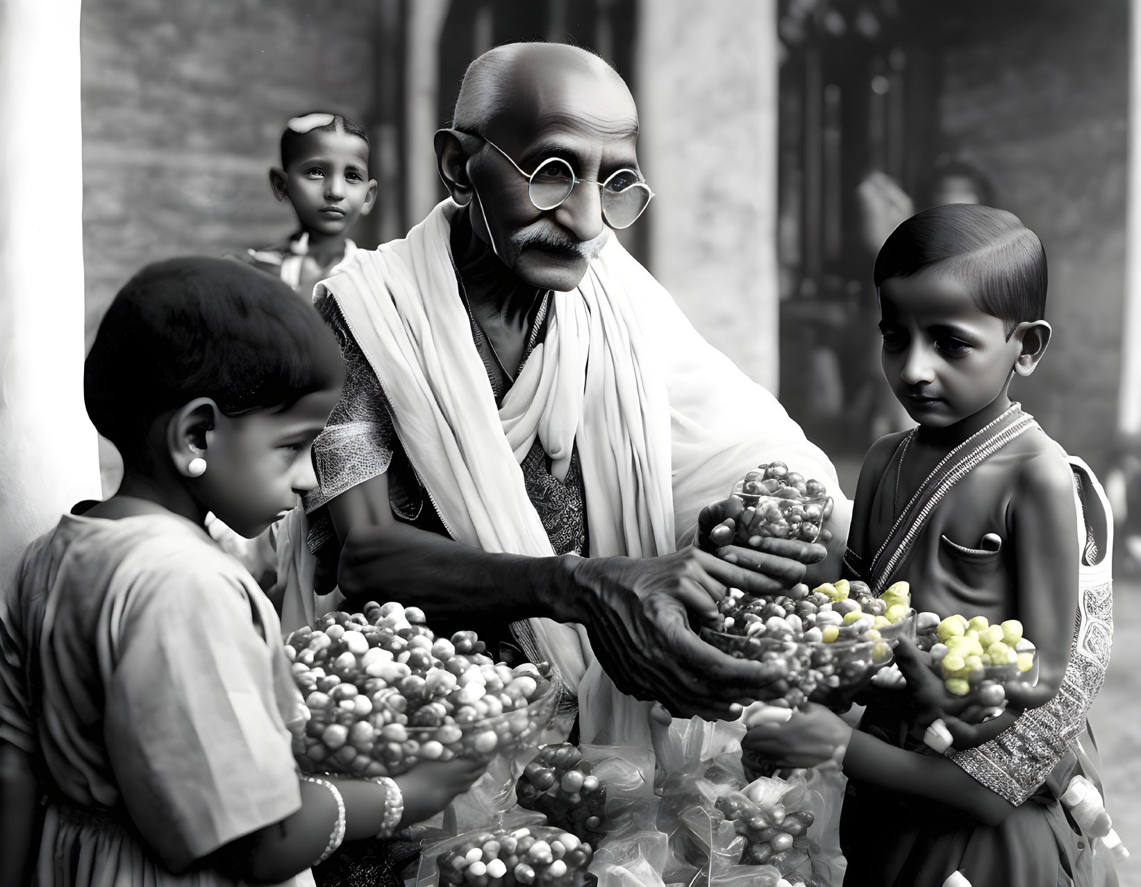 Elderly man in traditional clothes giving beads to children