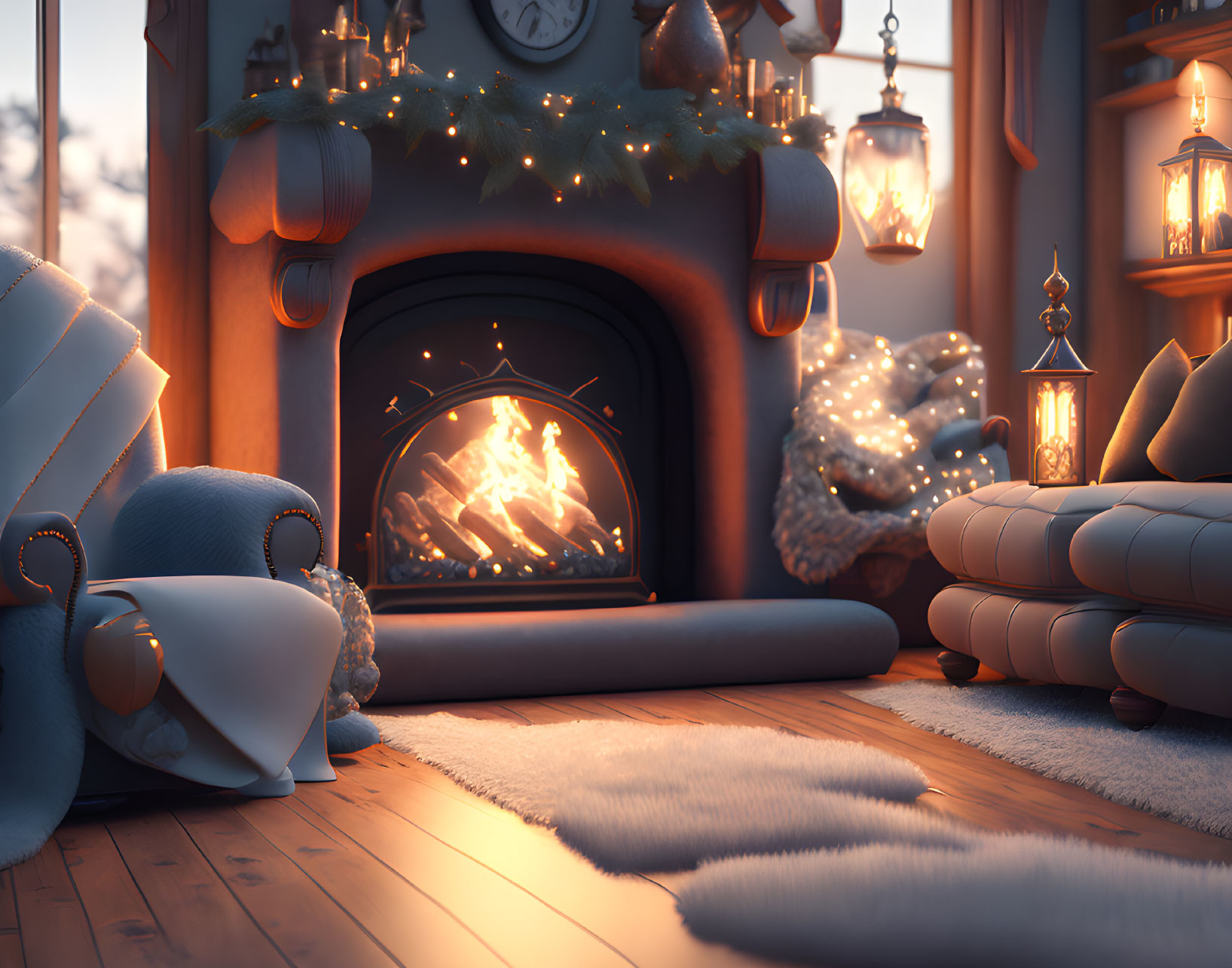 Warm Festive Atmosphere with Lit Fireplace and Christmas Decor