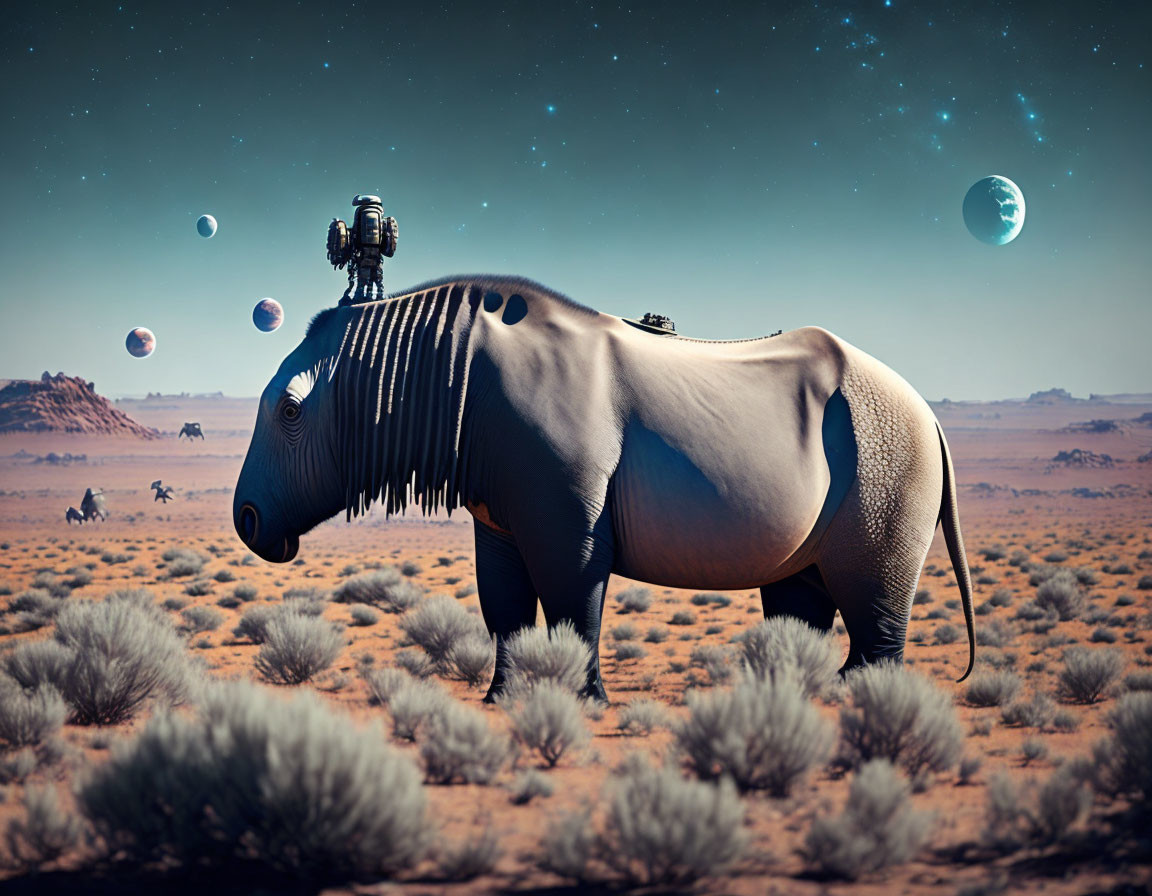 Surreal elephant with mechanical enhancements in desert landscape