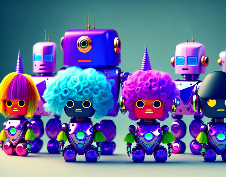 Colorful robots with playful designs and hairstyles on teal gradient background