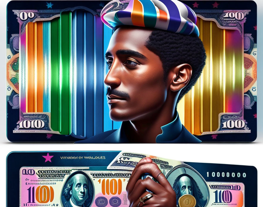 Vibrant portrait of a man with sculpted beard and currency strips in artistic composition