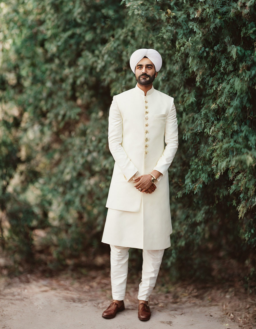 Man in traditional Indian attire standing in front of greenery