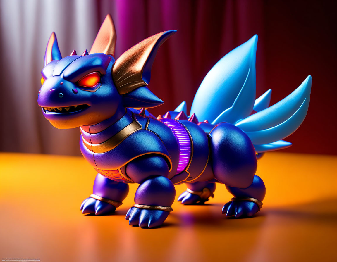 Colorful Toy Dragon with Blue Wings, Purple Body, and Orange Eyes on Red-Curtained Background