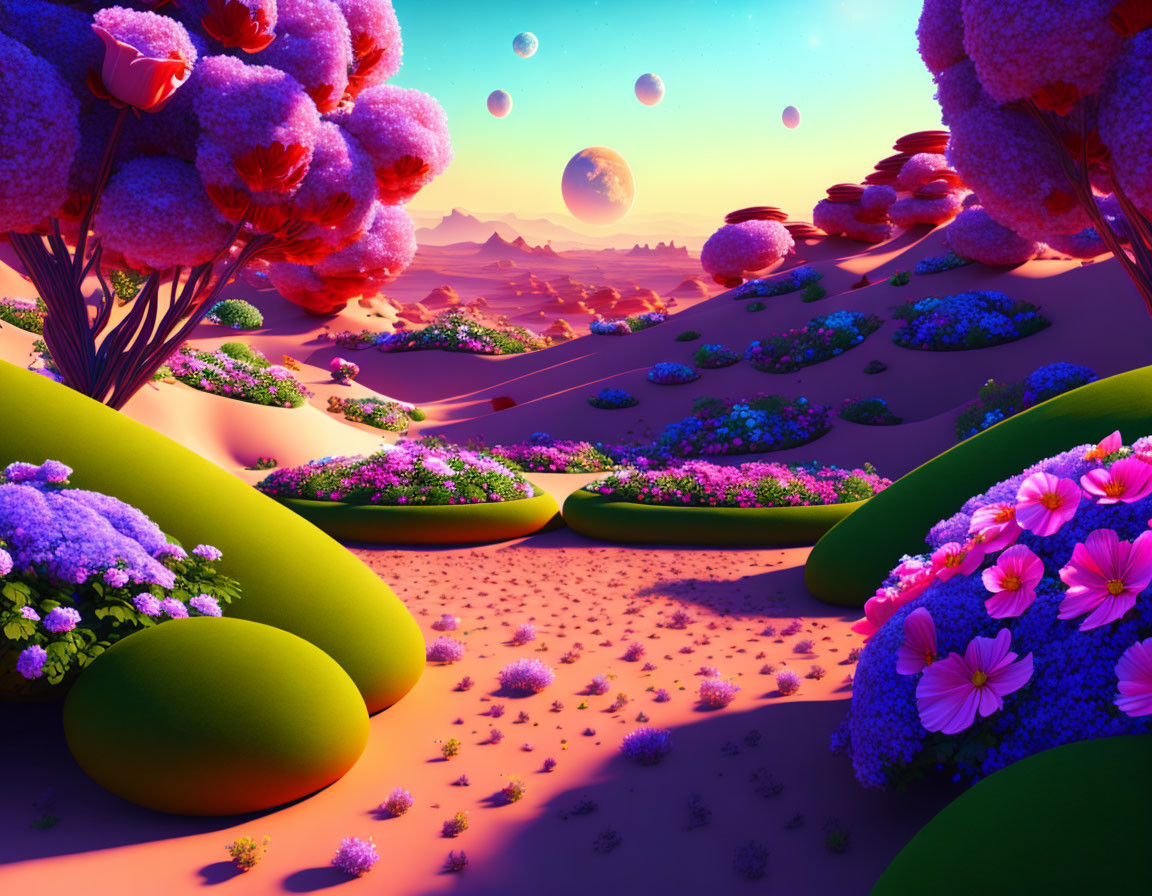 Colorful surreal landscape with oversized flowers, rolling hills, and planets in the sky