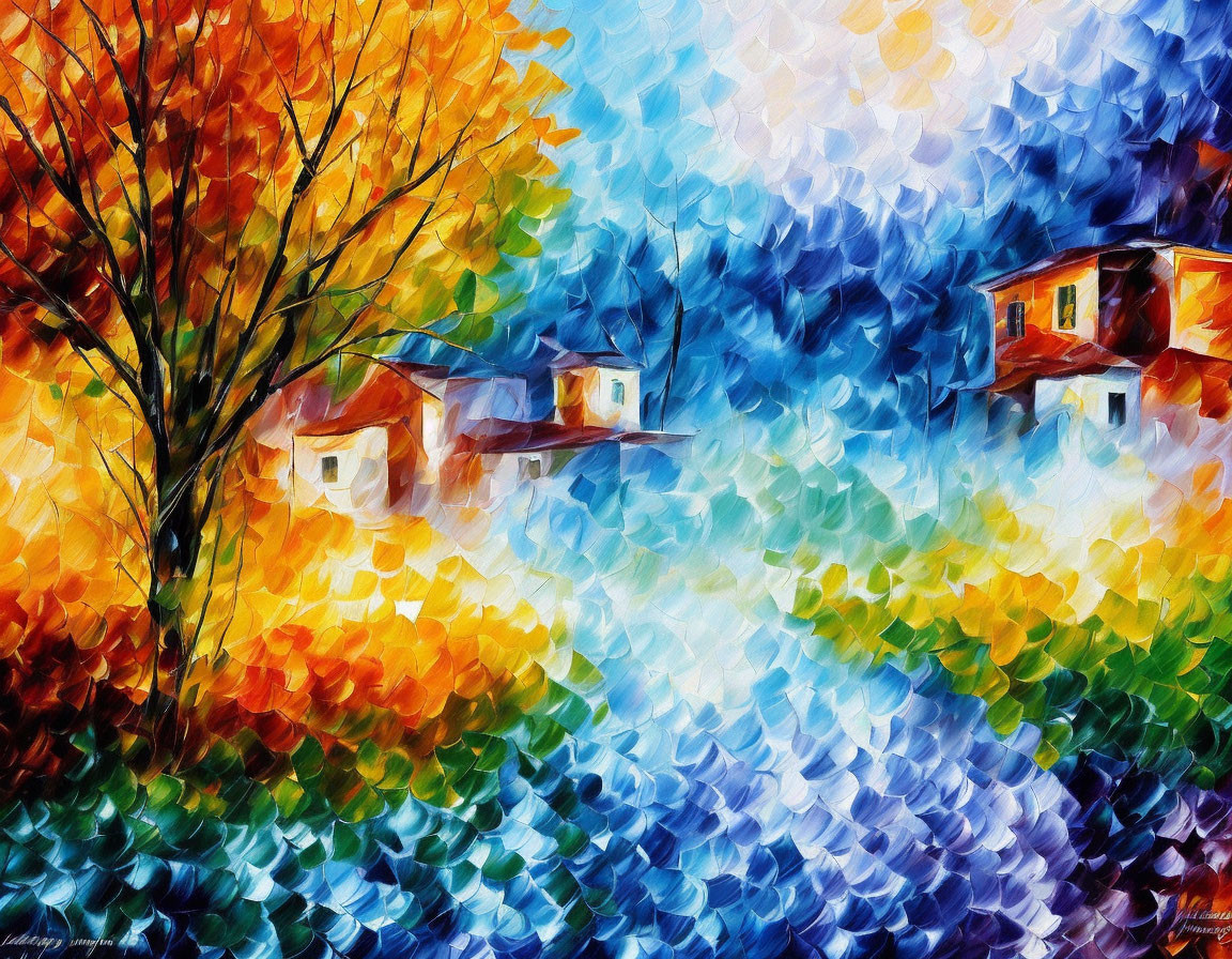 Impressionistic painting of autumn houses with vibrant brush strokes