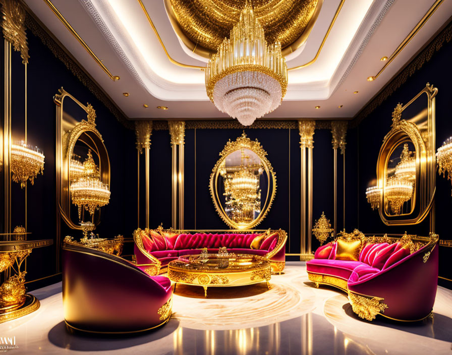 Luxurious Room with Golden Accents and Purple Sofas