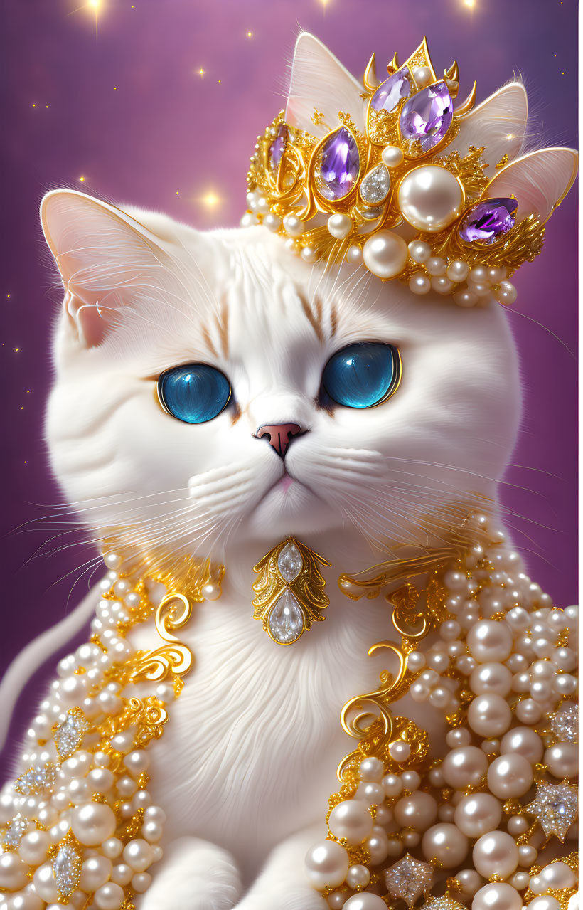 White Cat with Golden Crown and Pearl Necklace on Purple Background