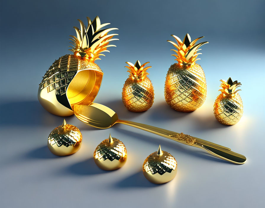 Mirrored golden pineapples and spoon on reflective blue surface