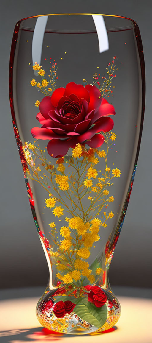 Glass Vase with Red Rose, Yellow Blossoms, and Soft-lit Background