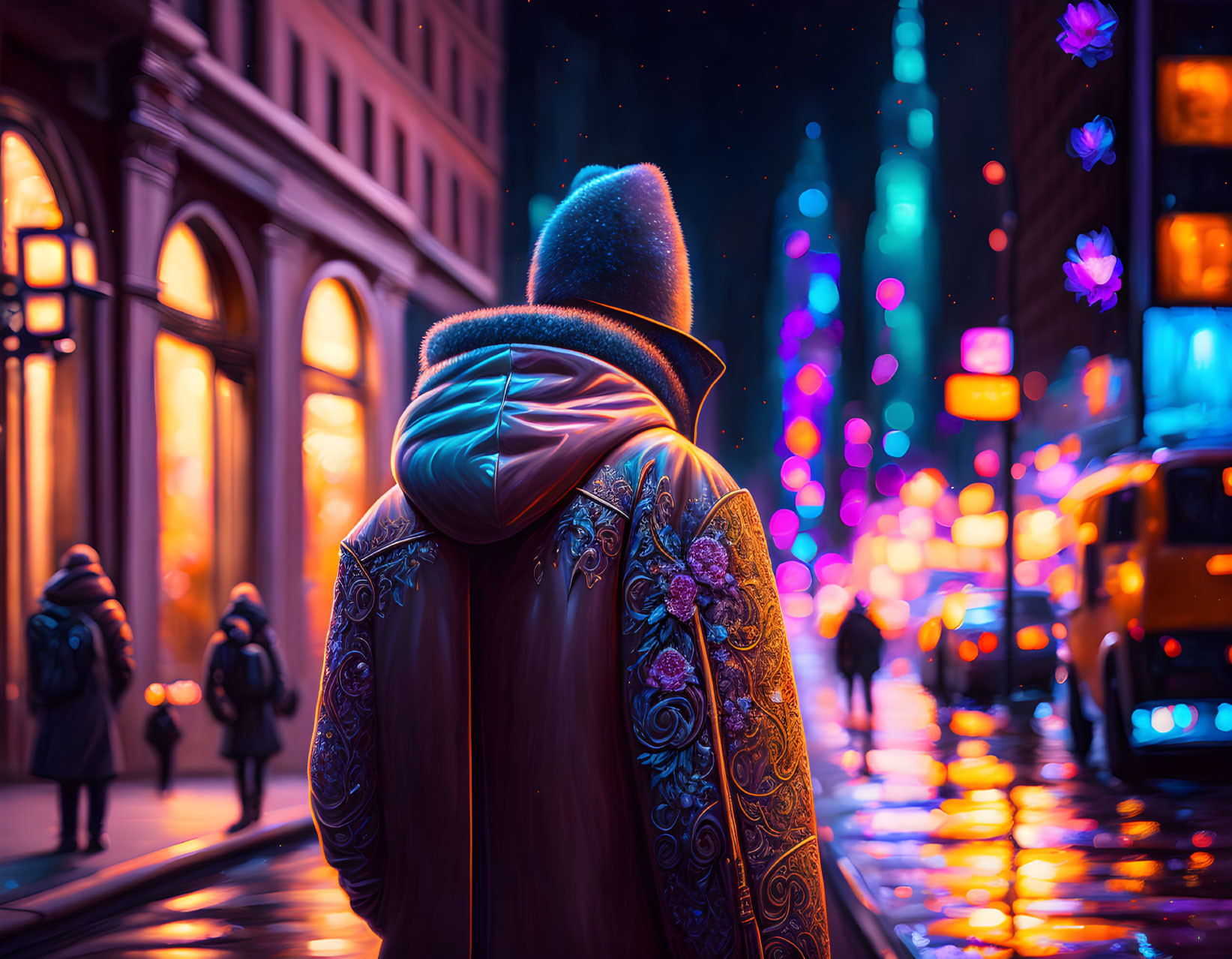 Embroidered jacket and hat person in city street at night with neon lights