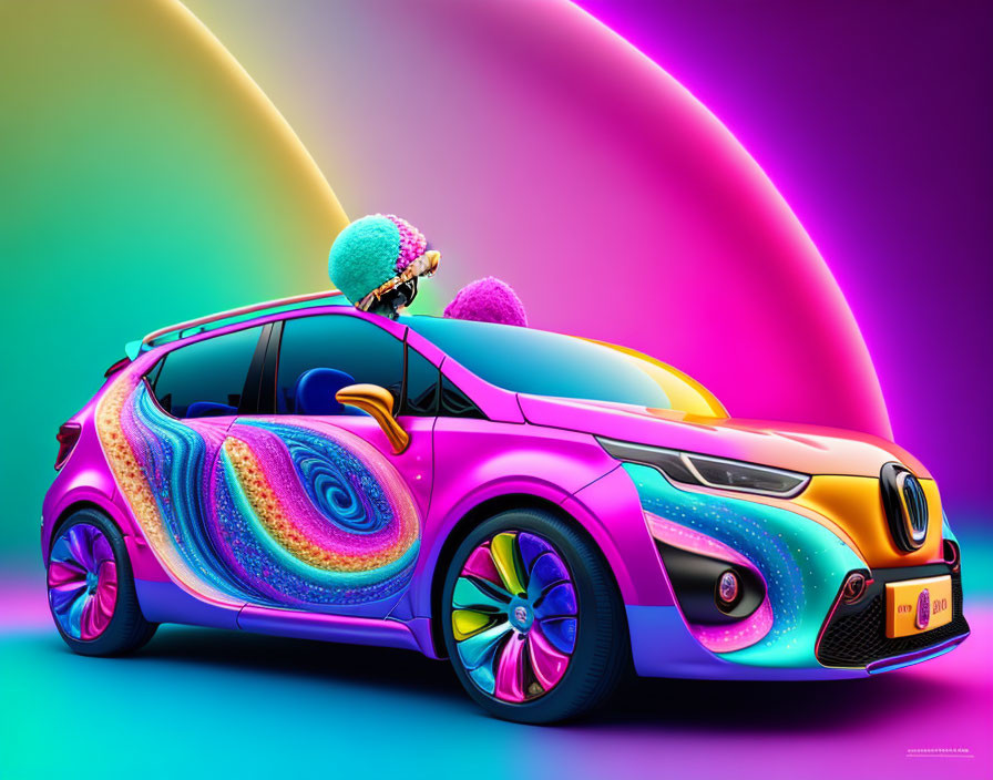 Colorful Psychedelic Car with Rainbow and Mannequin Driver