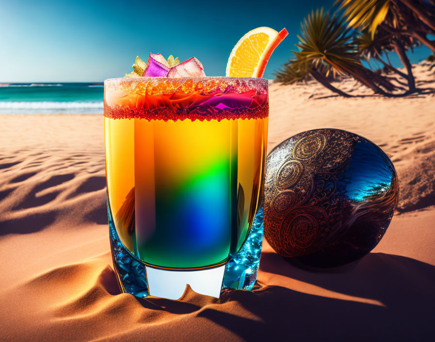 Vibrant Cocktail on Beach with Palm Tree and Beach Ball