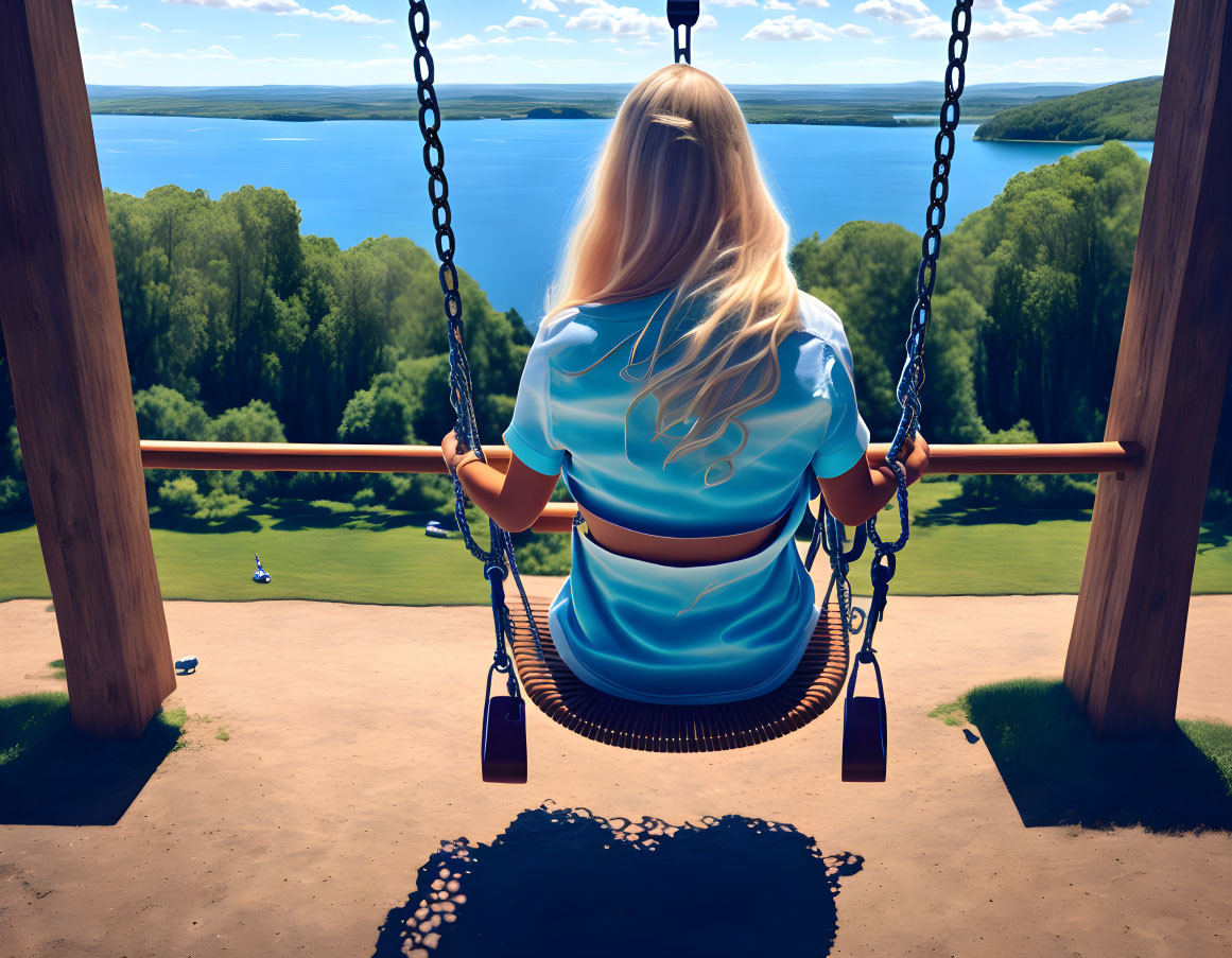 Blonde woman on swing by scenic lake and greenery