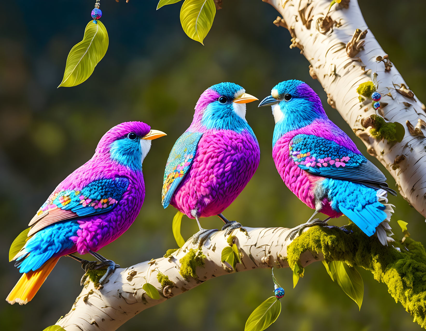 Vivid Stylized Birds on Moss-Covered Branch