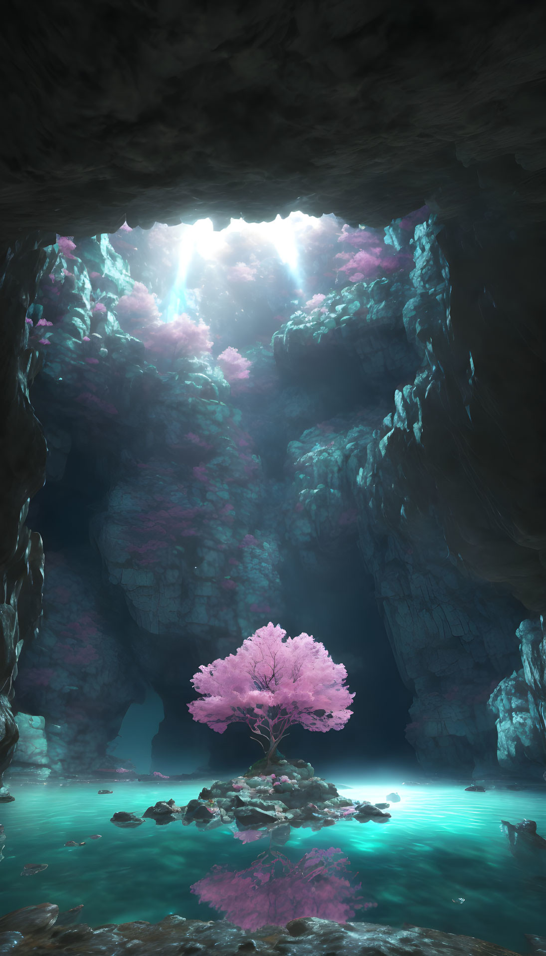 Subterranean scene: Pink tree on island, light shafts