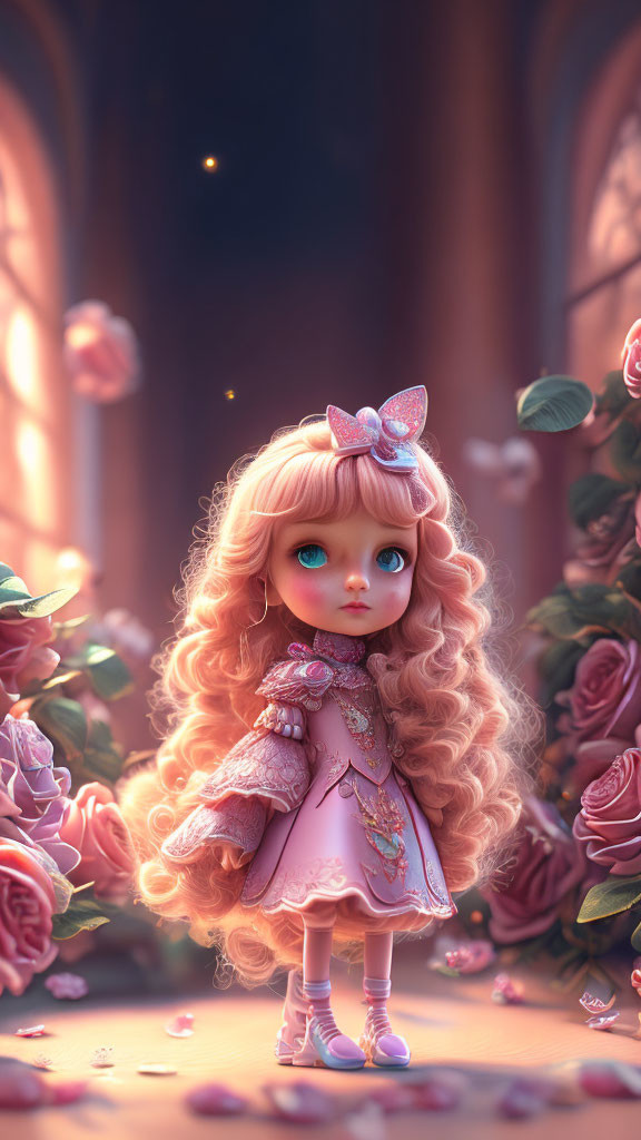 Blonde Curly-Haired Doll Surrounded by Roses in Pink Dress