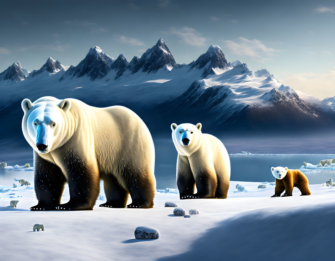 Three bears in snowy landscape with icy waters and mountains under blue sky