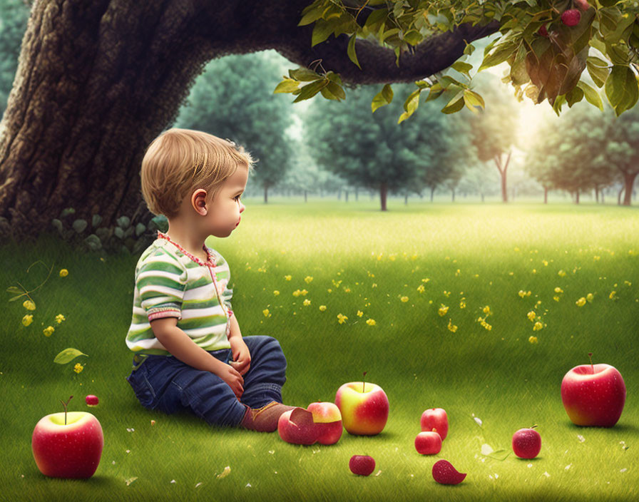 Young boy under apple tree in lush meadow, gazing pensively.