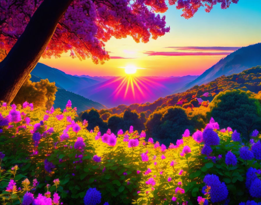 Vibrant cherry blossoms and purple flowers in stunning sunset valley