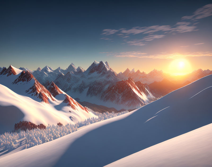 Snow-covered mountain range at sunrise with forest and clear blue skies