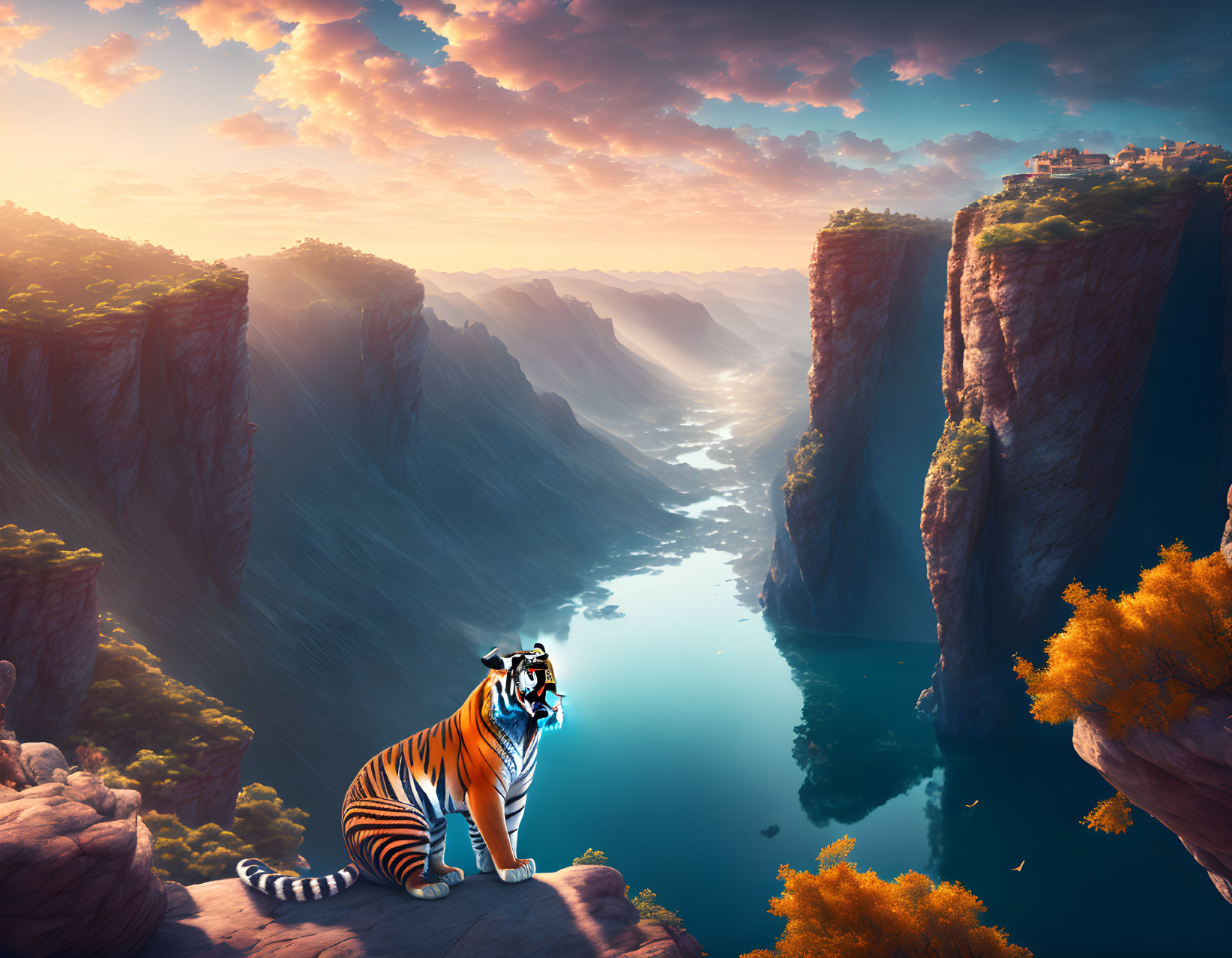 Glowing-eyed tiger on cliff above river and village at sunset