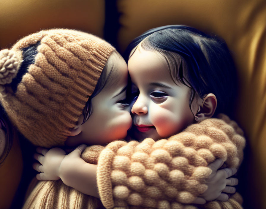 Young children in warm clothing embracing affectionately.