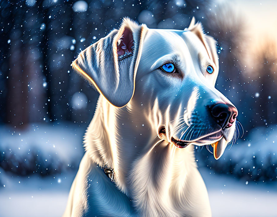 White Dog with Blue Eyes in Snowy Landscape with Falling Snowflakes