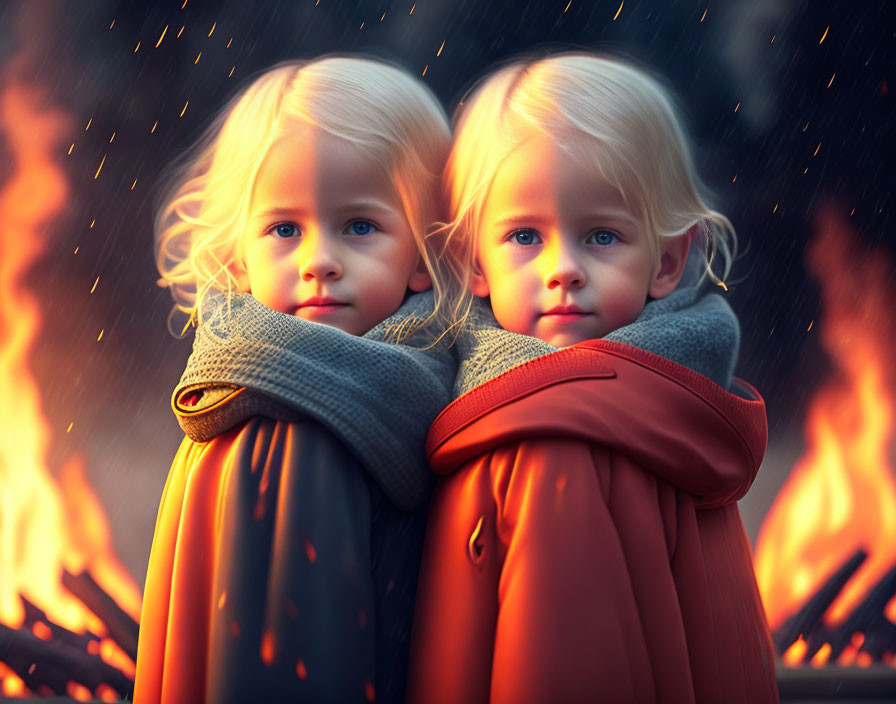 Blonde twin girls in red cloak against fiery backdrop