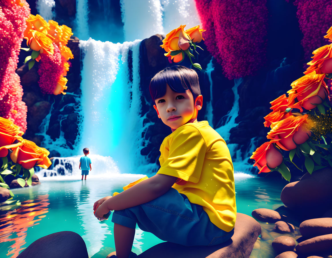 Child in yellow shirt by vibrant pond with flowers and waterfalls.