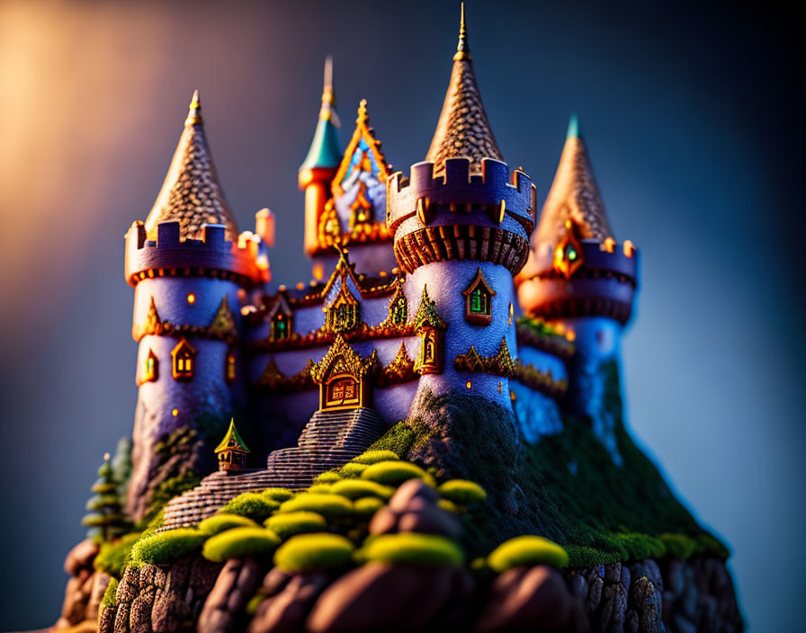 Miniature fairy tale castle on grassy hill at dusk