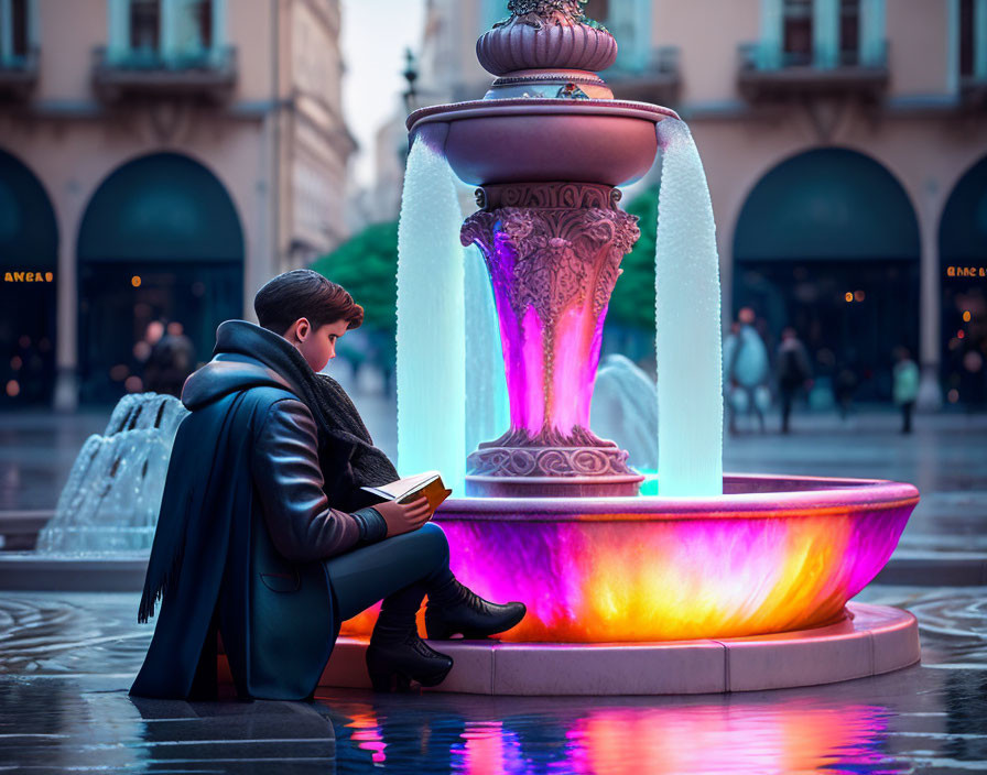 Person reading book beside illuminated fountain at dusk