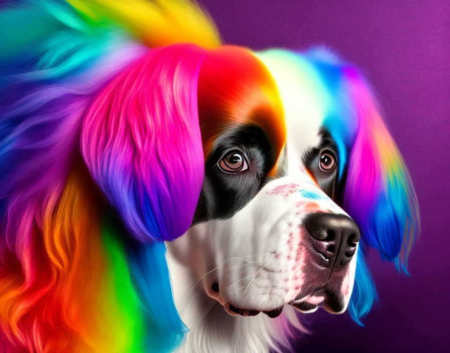 Vibrant rainbow-colored dog on purple gradient background