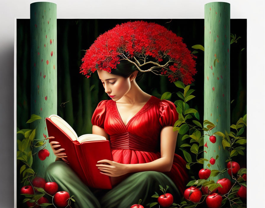 Woman in Red Dress with Tree-Like Headpiece Reading Book Surrounded by Bamboo and Red Fruits