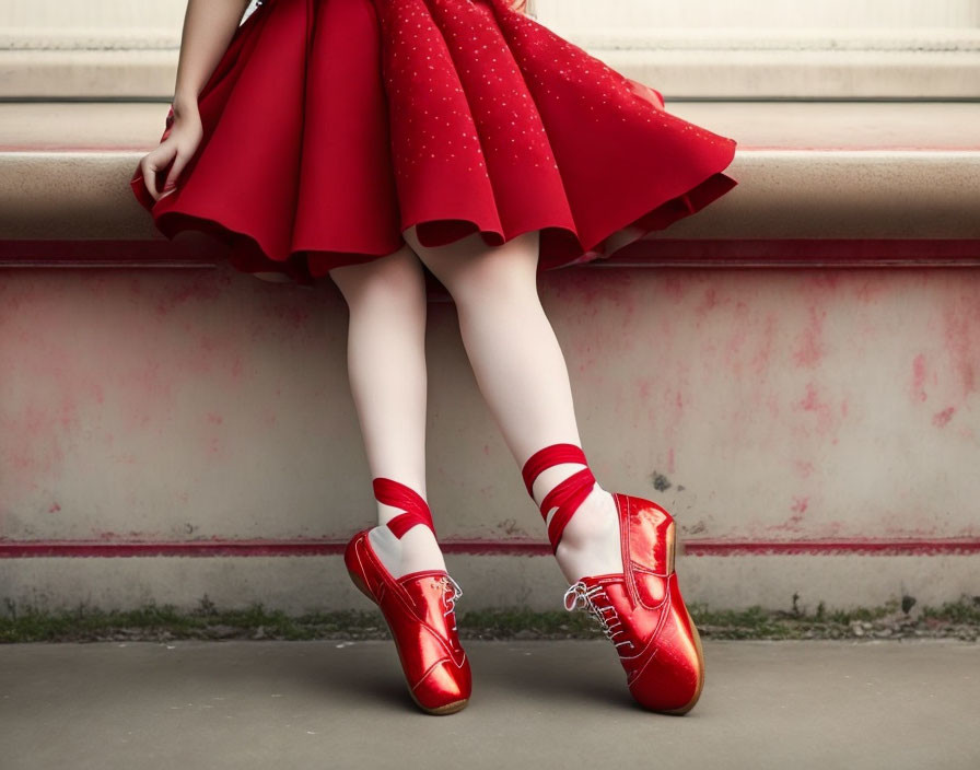 Person in Red Shoes, White Socks, Red Skirt Against Pink Wall