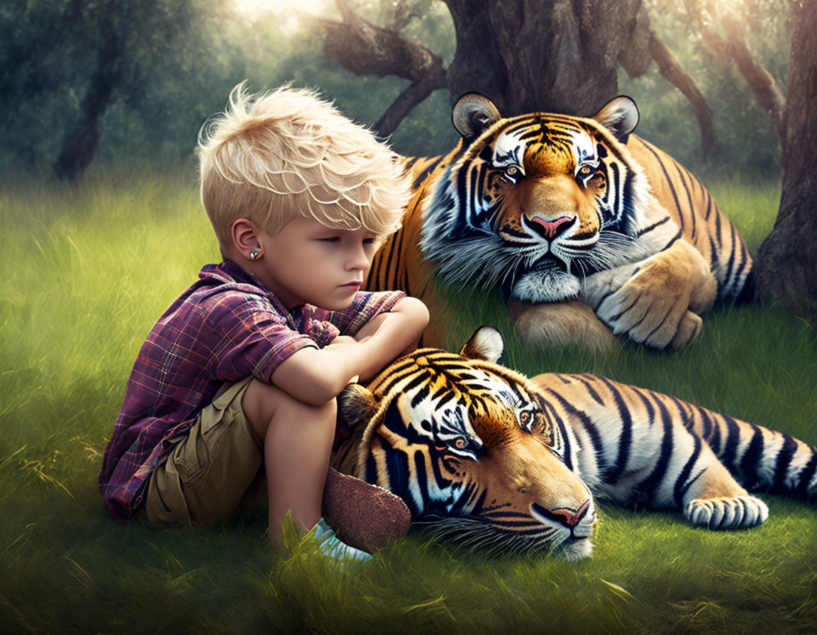 Blond-Haired Boy with Tigers in Grass Field