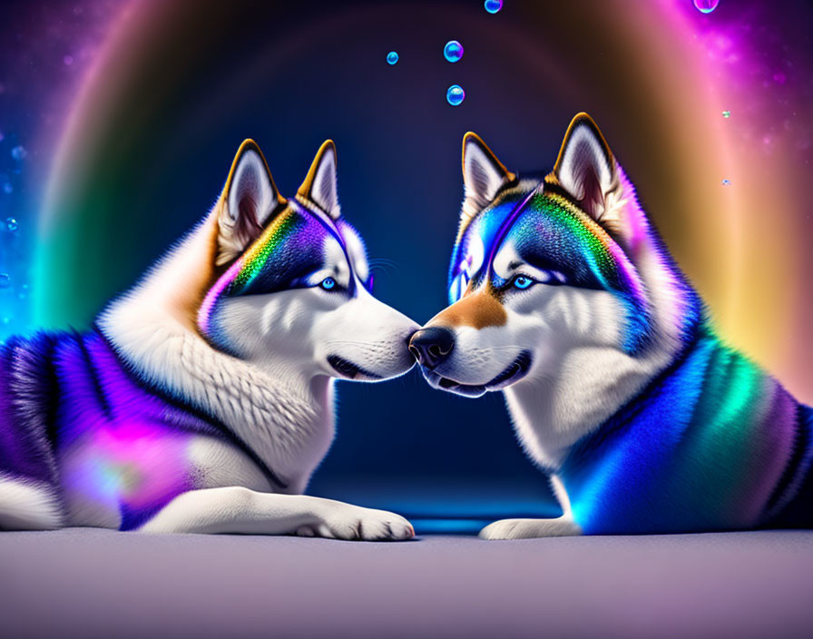 Two Siberian Huskies with iridescent fur colors under a glowing arc, bubbles floating around