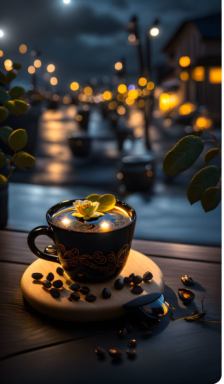 Heart-shaped coffee art with beans and leaves on wooden table at night