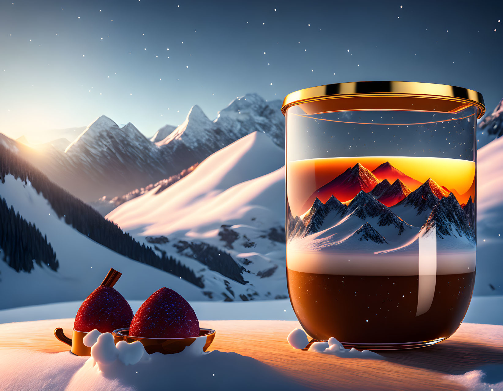 Transparent Cup with Snowy Mountain Landscape and Starry Sky on Snowy Twilight Background