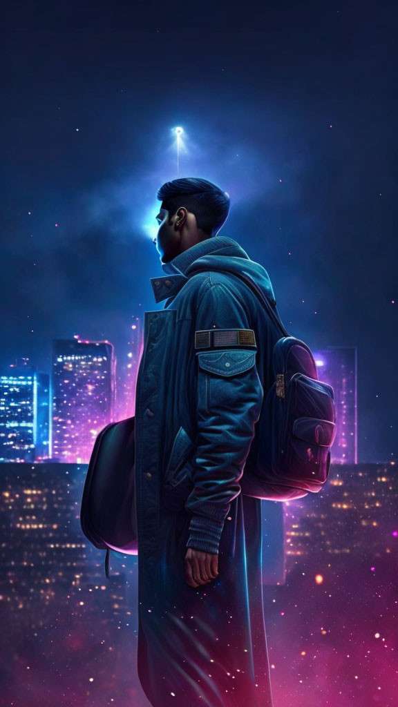 Man in blue jacket gazes at bright night sky over cityscape