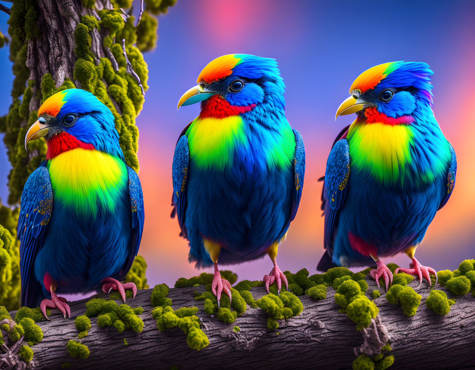 Colorful Birds on Mossy Branch Against Purple and Pink Sky