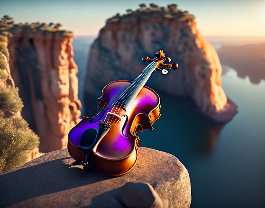 Violin on Rock Ledge at Sunset Overlooking Canyon