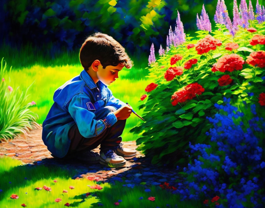 Child in denim jacket observing something in vibrant garden