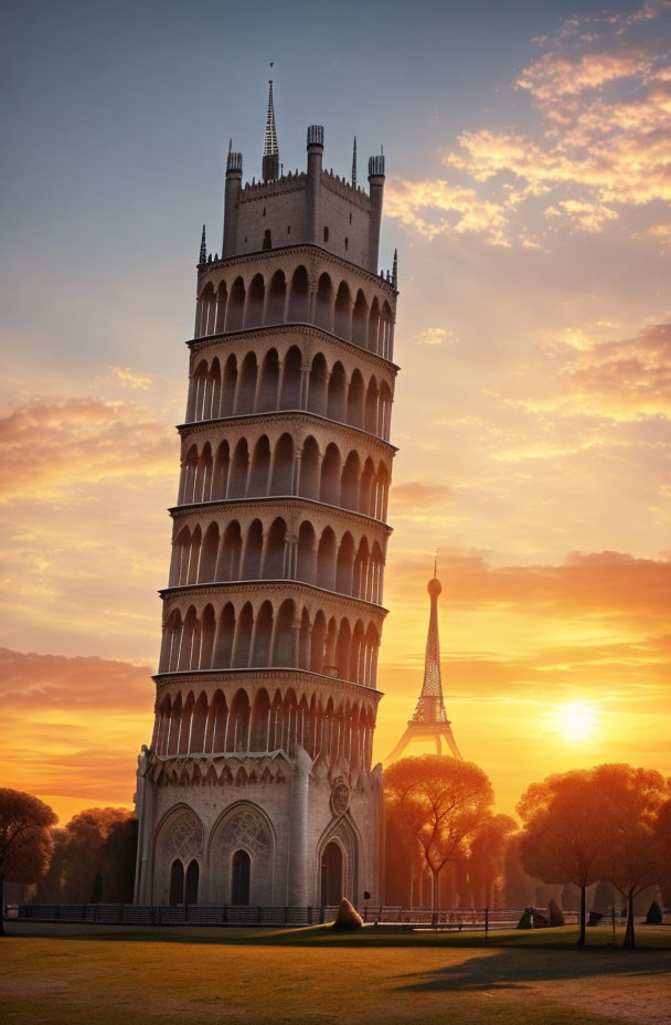 Famous towers superimposed at sunset with orange sky.