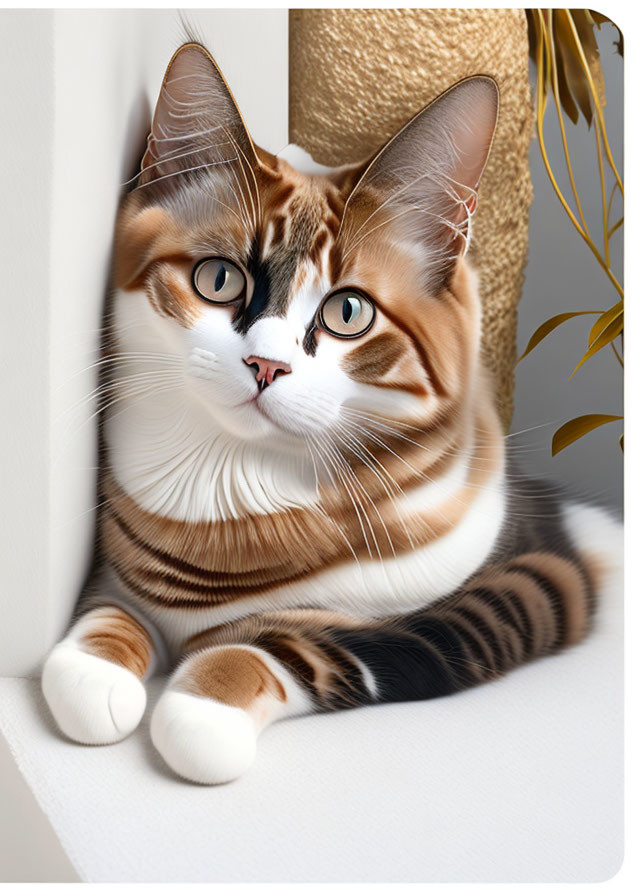 Tabby Cat with Black and Brown Markings and Green Eyes on White Background