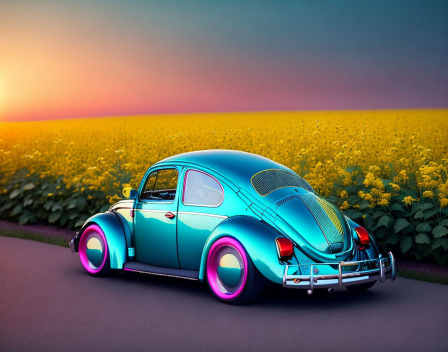 Vintage blue Volkswagen Beetle with neon lights in sunflower field at sunset