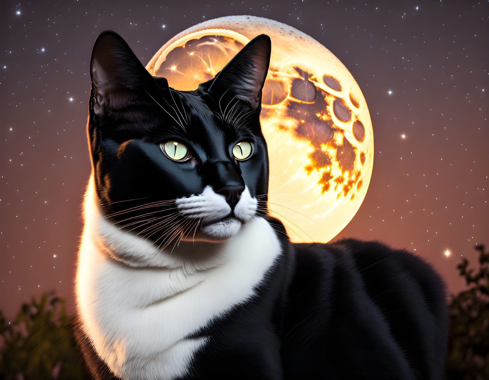 Black-and-White Cat with Green Eyes in Front of Surreal Moon and Starry Sky