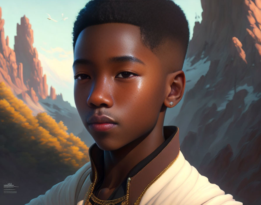 Young person with fade haircut in digital portrait against golden backdrop